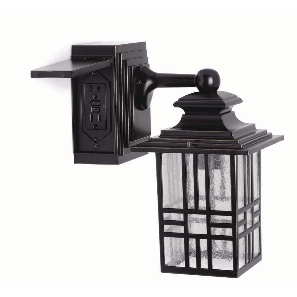 Mission 12.9 in. 1 - Light Black with Bronze Highlight Outdoor Wall Light Lantern Sconce with Built - In Electrical Outlet - Stu's Home Improvement Outlet
