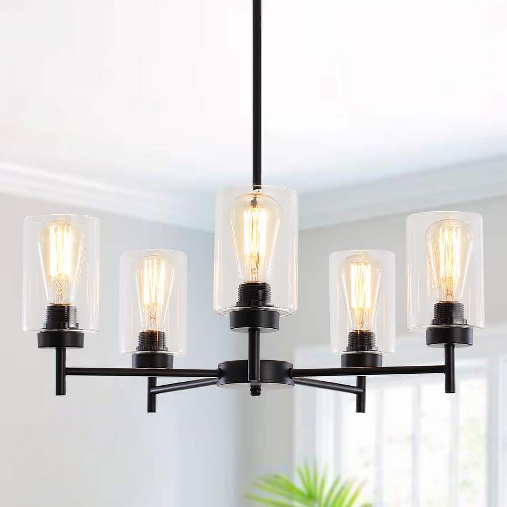 Delmo 5-Light Black Dimmable Rustic Chandelier with Cylinder Glass Shade Kitchen Island Pendant Light for Living Room