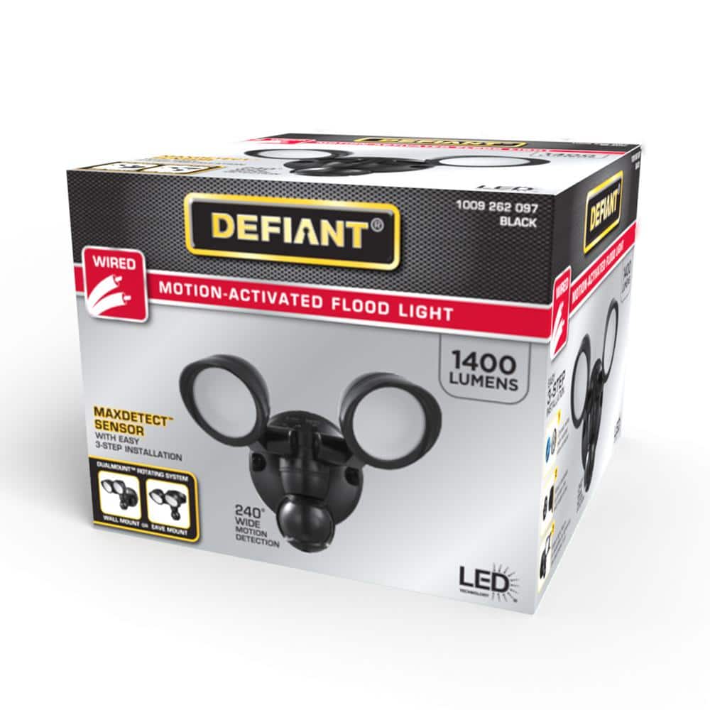 Defiant MaxDetect 240 - Degree Black Motion Activated Wired Outdoor 2 - Head Dusk - to - Dawn LED Security Flood Light 1400 Lumens - Stu's Home Improvement Outlet