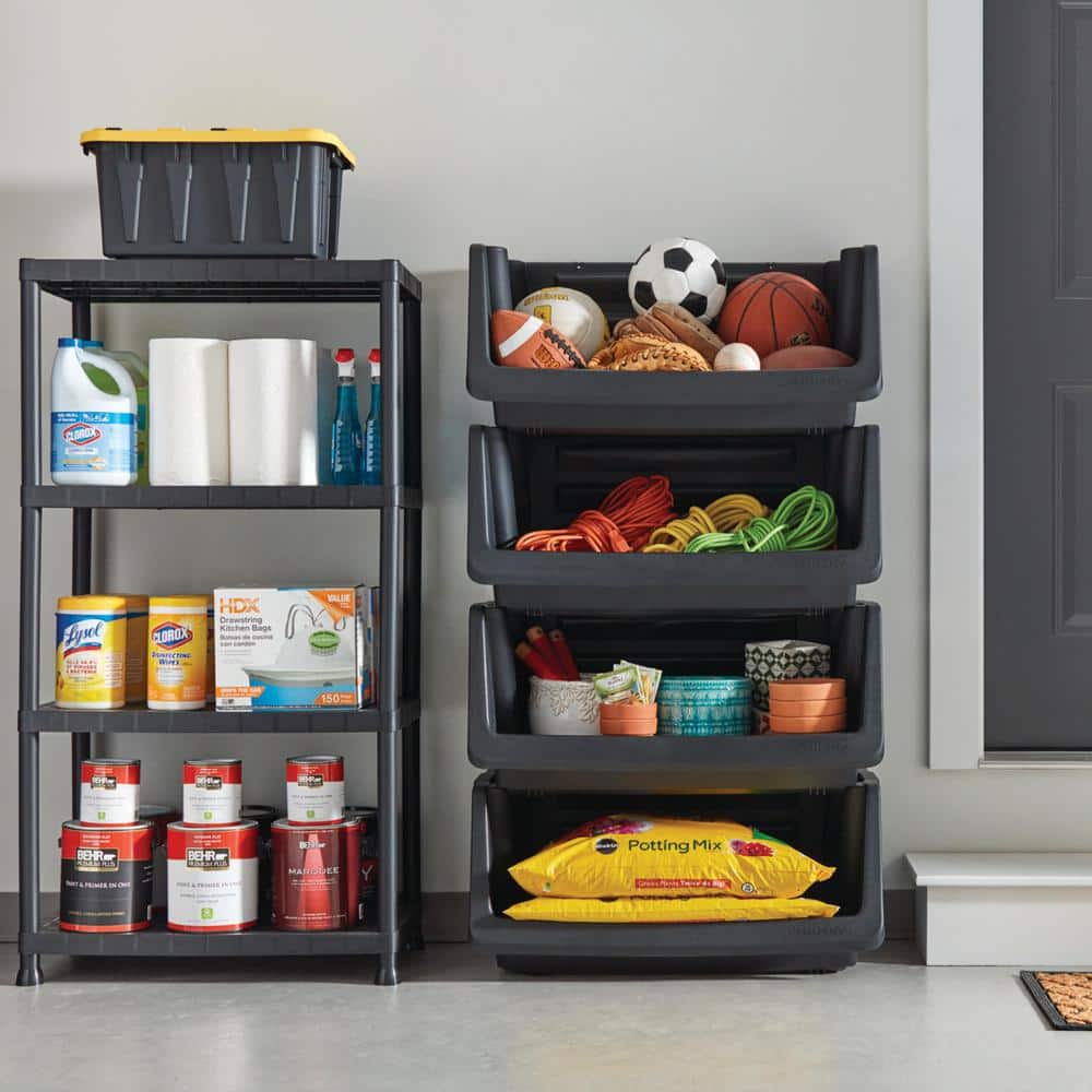 4-Tier Plastic Garage Storage Shelving Unit in Black (28 in. W x 52 in. H x 15 in. D)