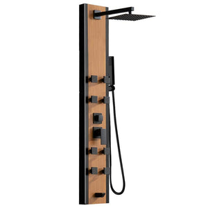8 - Jet Shower Panel Tower System With Square Rainfall Shower Head 8 Adjustable Body Jets And HandShower in Bamboo - Stu's Home Improvement Outlet