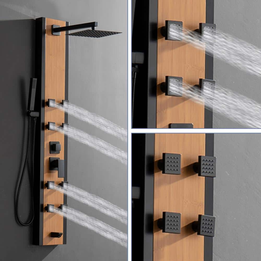 8-Jet Shower Panel Tower System With Square Rainfall Shower Head 8 Adjustable Body Jets And HandShower in Bamboo