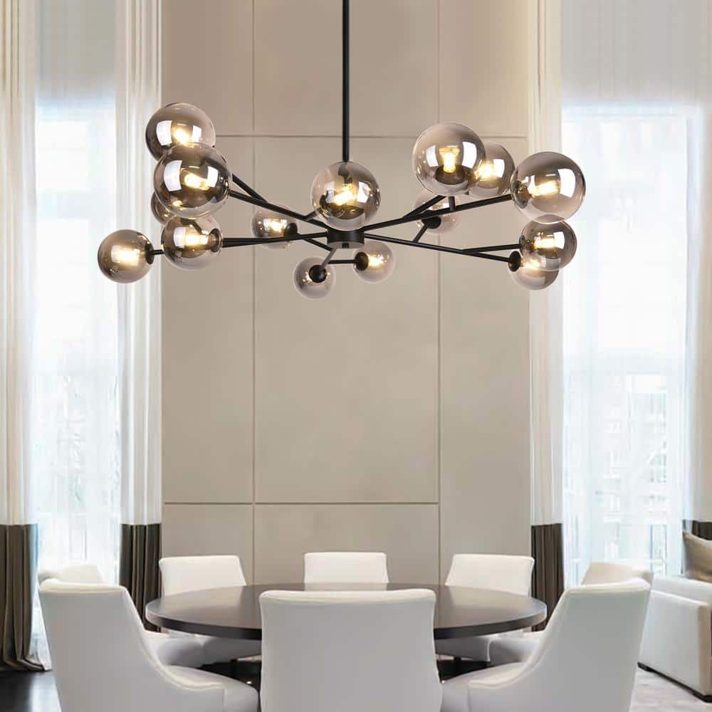 CEDER 15 - Light 50.4 in. W Black Chandelier with Smoked Glass Sputnik Branch Chandelier for Kitchen - Stu's Home Improvement Outlet