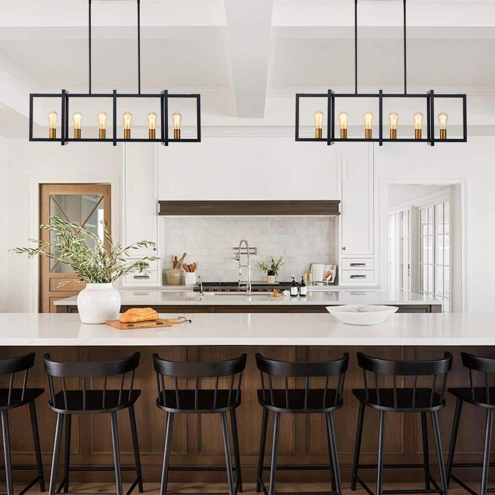 LIBERTAB 6 - Light Black Kitchen Island Pendant Light Farmhouse Linear Rectangle Chandelier - Stu's Home Improvement Outlet