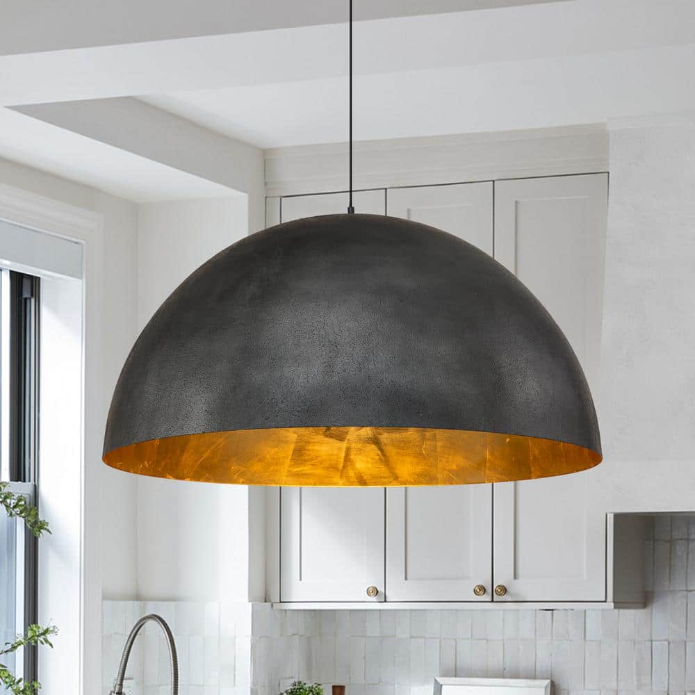 PCover 23 in.Dia Large Lighting 1-Light Black Farmhouse Dome Pendant Light Industrial Gold Leaf Island Ceiling Light
