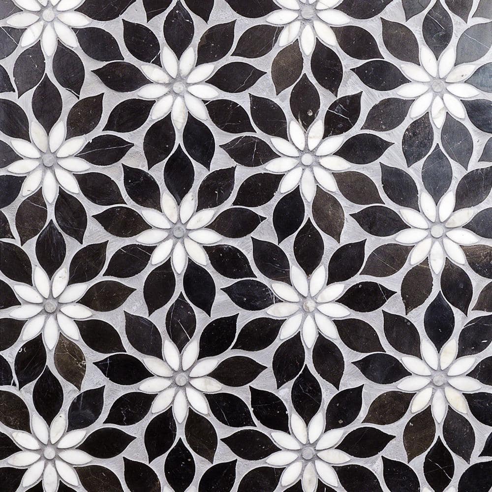 Thistle Black 12.4 in. x 14.13 in. Polished Marble Mosaic Tile (1.21 sq. ft./Sheet)