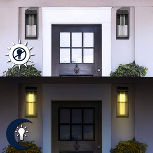 Juno 4.75 in. Black Hardwired Outdoor Cylinder Sconce Iron/Seeded Glass with Dusk - to - Dawn Sensor Integrated LED 1 - Light - Stu's Home Improvement Outlet