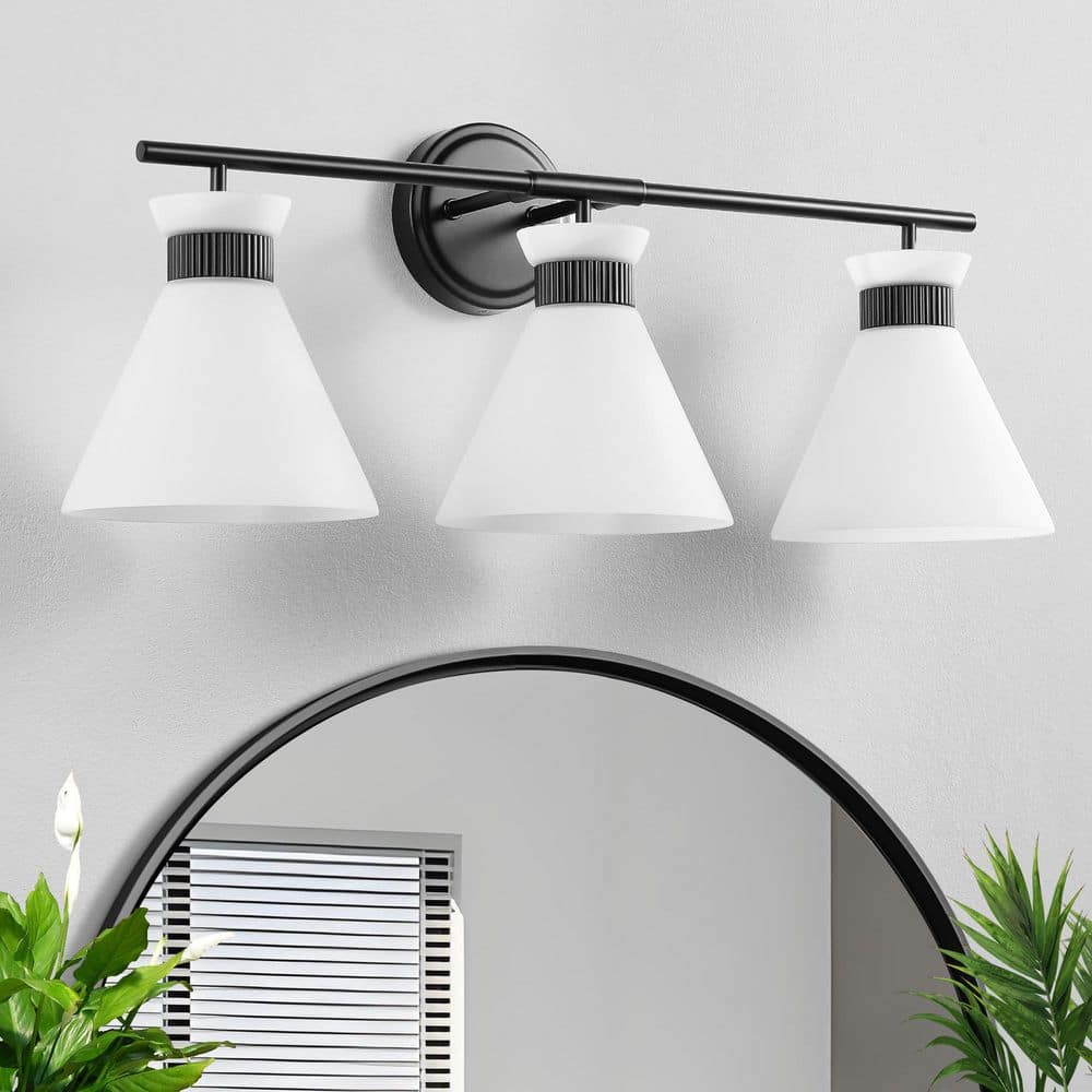 26 in. 3-Light Black Vanity Light with Milk White Glass Shade Modern Bathroom Light Fixture Farmhouse Wall Sconce