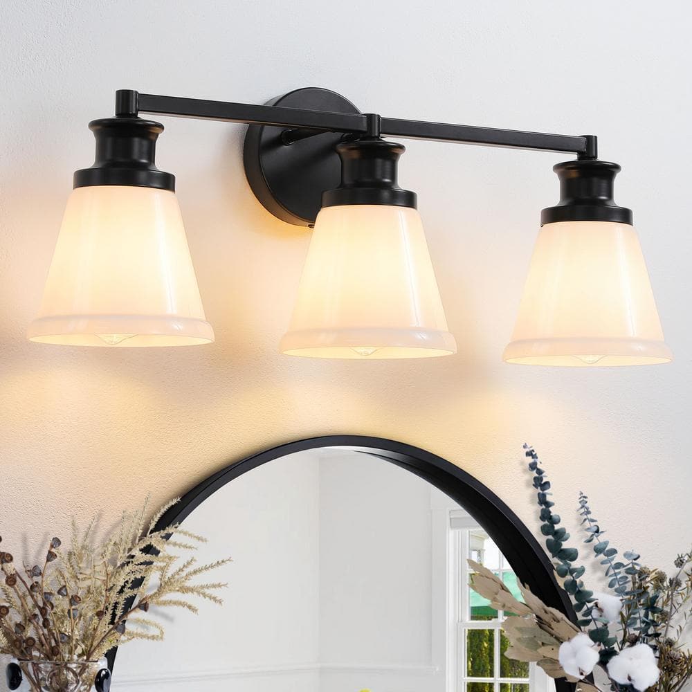 23 in. 3 Light Matte Black Modern Vanity Light with Milk White Glass Shade Farmhouse Bathroom Light Fixture Wall Sconce - Stu's Home Improvement Outlet