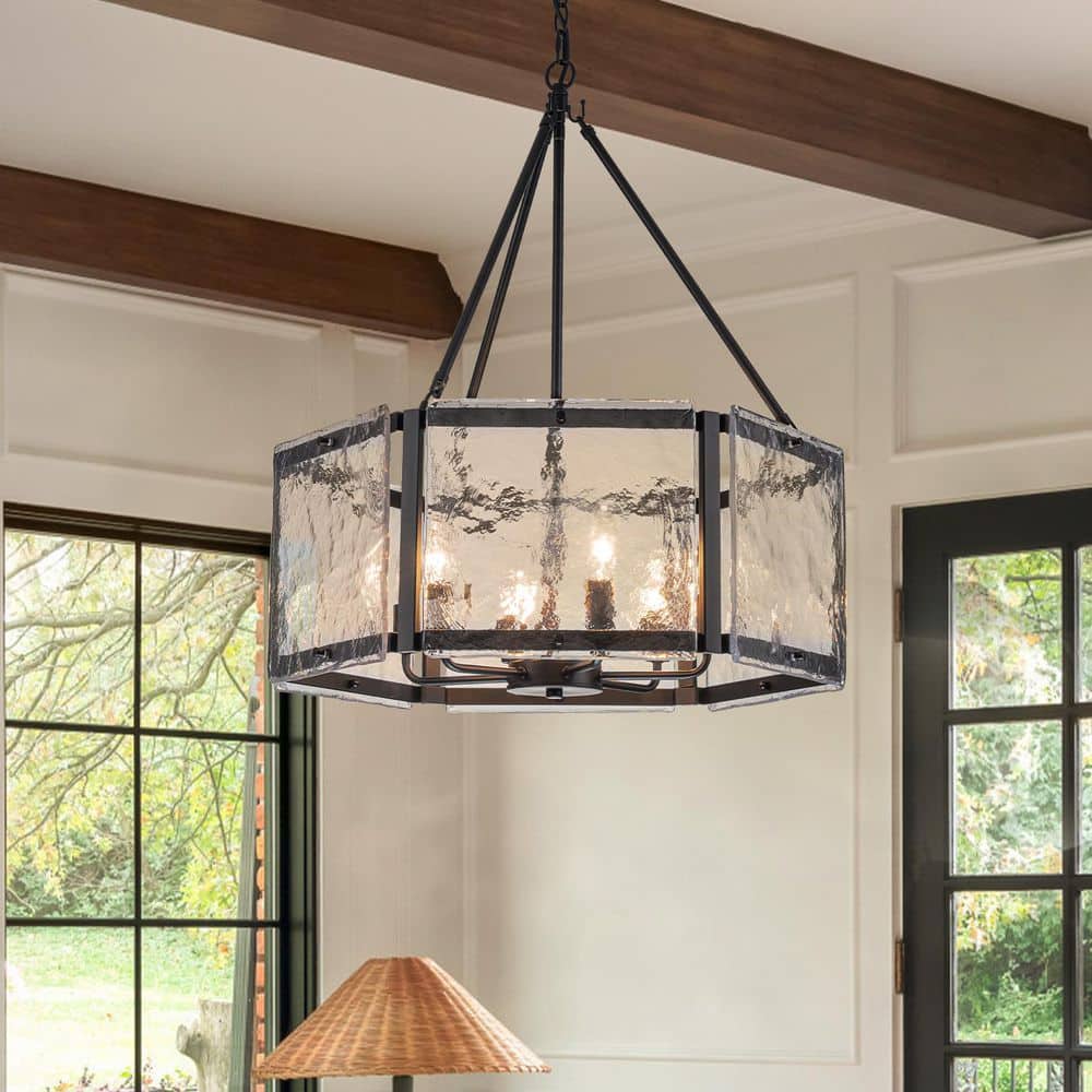 Dvorakova 24.02 in. 6 - Light Black Lantern Drum Chandelier with Water Ripple Glass Shade - Stu's Home Improvement Outlet