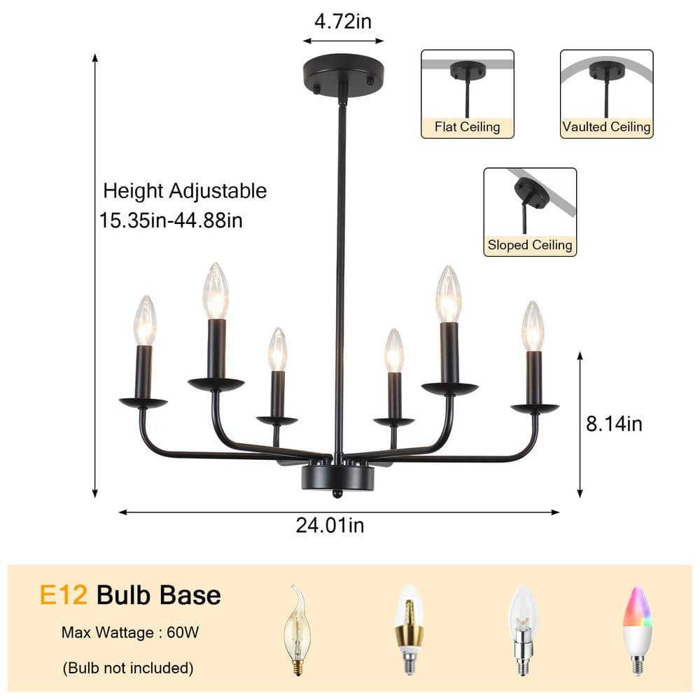 6-Light Black Rustic Traditional Linear Chandelier for Bedroom with No Bulbs Included