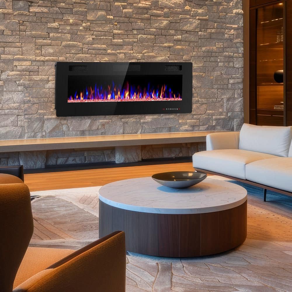 50 in. Wall Mount Low Noise Electric Fireplace with Remote Control and Touch Screen, Multi Color Flame in Black - Stu's Home Improvement Outlet