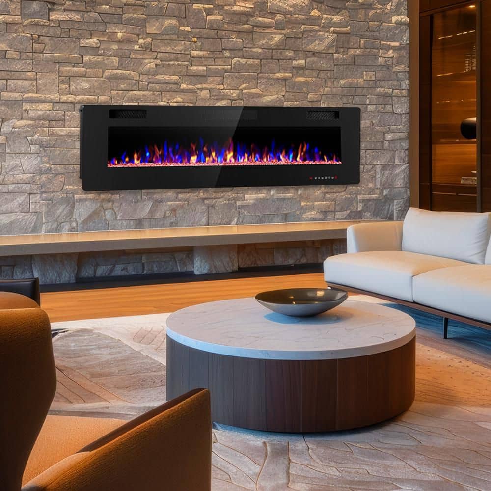 60 in. Wall Mount Low Noise Electric Fireplace with Remote Control and Touch Screen, Multi Color Flame in Black - Stu's Home Improvement Outlet