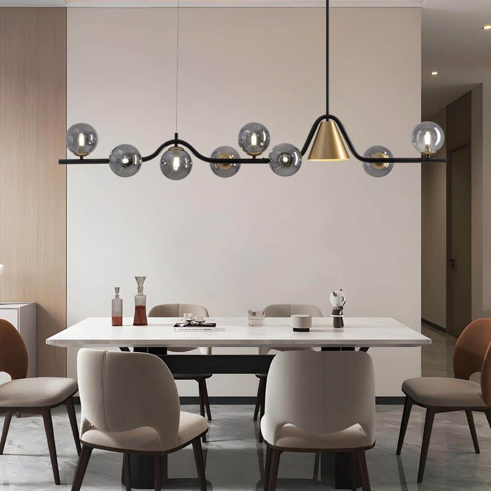 9-Light Black and Gold Linear Sputnik Globe Chandelier Kitchen Island Pendant Lighting for Dinning Room