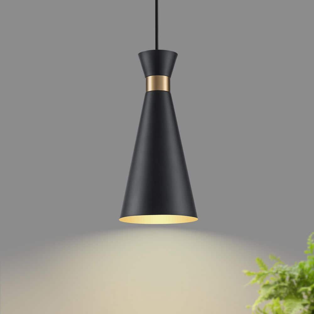 Modern 1-Light Black Cone Pendant Light with Gold Accent, Adjustable Hanging Cord for Kitchen Island, Dining Room