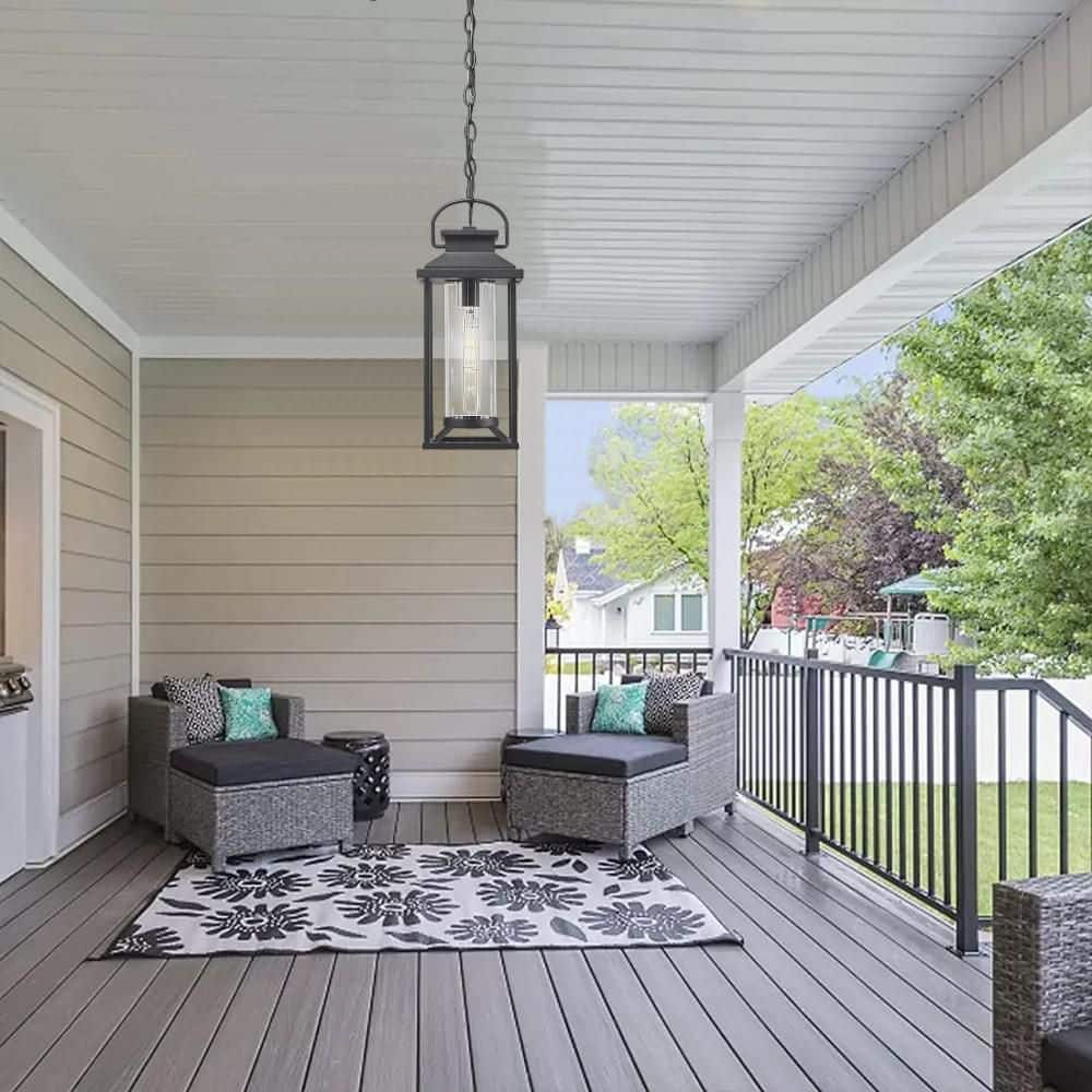 17.1 in. 1-Light Black Dimmable Outdoor Pendant Light with Clear Glass and No Bulbs Included