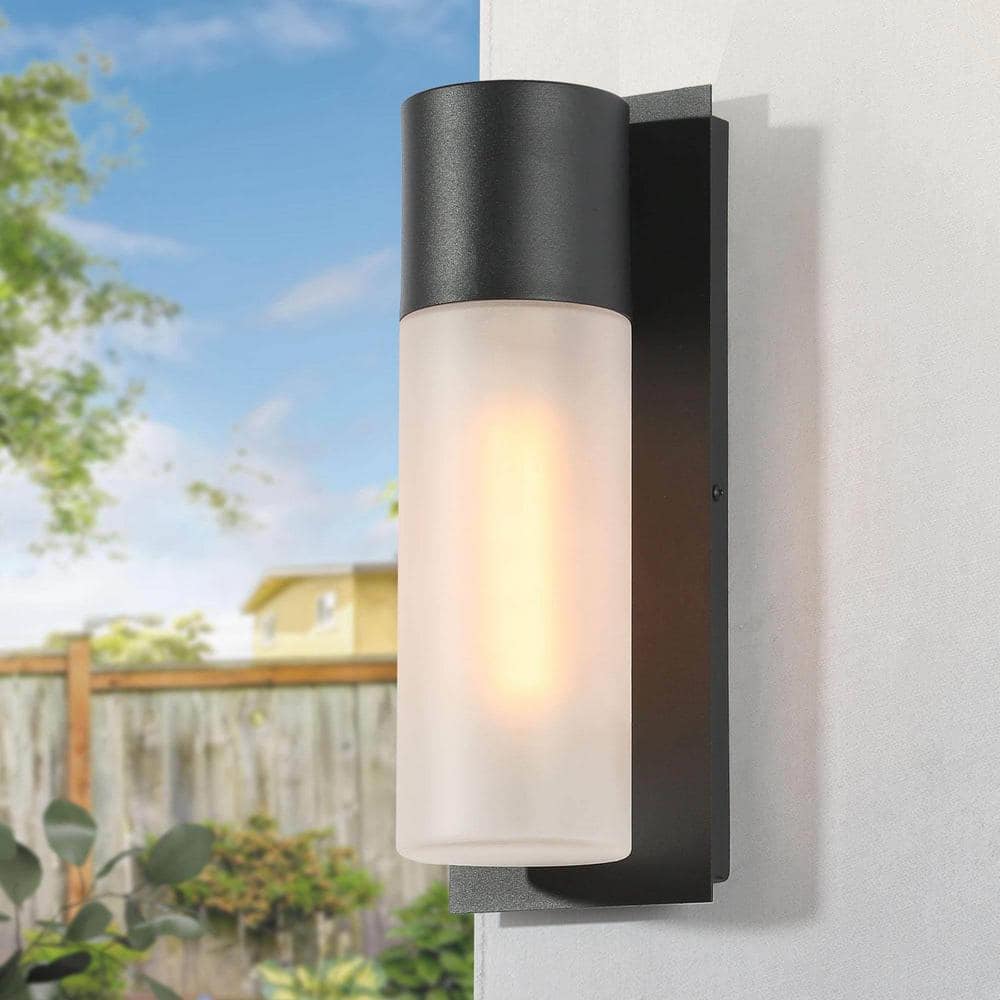 13 in. 1 - Light Black Outdoor Wall Lantern Sconce, Mid - Century Modern Outdoor Wall Light with Frosted Glass Shade - Stu's Home Improvement Outlet
