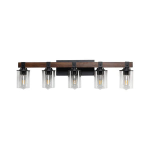 35 in. 5 - Light Black Vanity Light with Glass Shades and Walnut Wood Accent Modern Industrial Farmhouse Style (No Bulbs) - Stu's Home Improvement Outlet