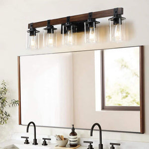 35 in. 5 - Light Black Vanity Light with Glass Shades and Walnut Wood Accent Modern Industrial Farmhouse Style (No Bulbs) - Stu's Home Improvement Outlet