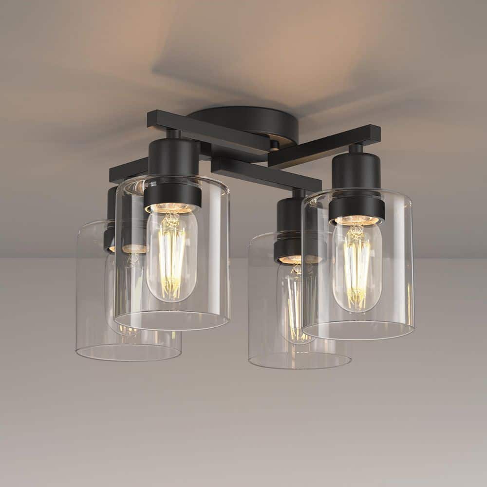13 in. 4-Light Black Semi Flush Mount Ceiling Light, Clear Glass Shade Kitchen Lighting for Bedroom, Hallway, Foyer