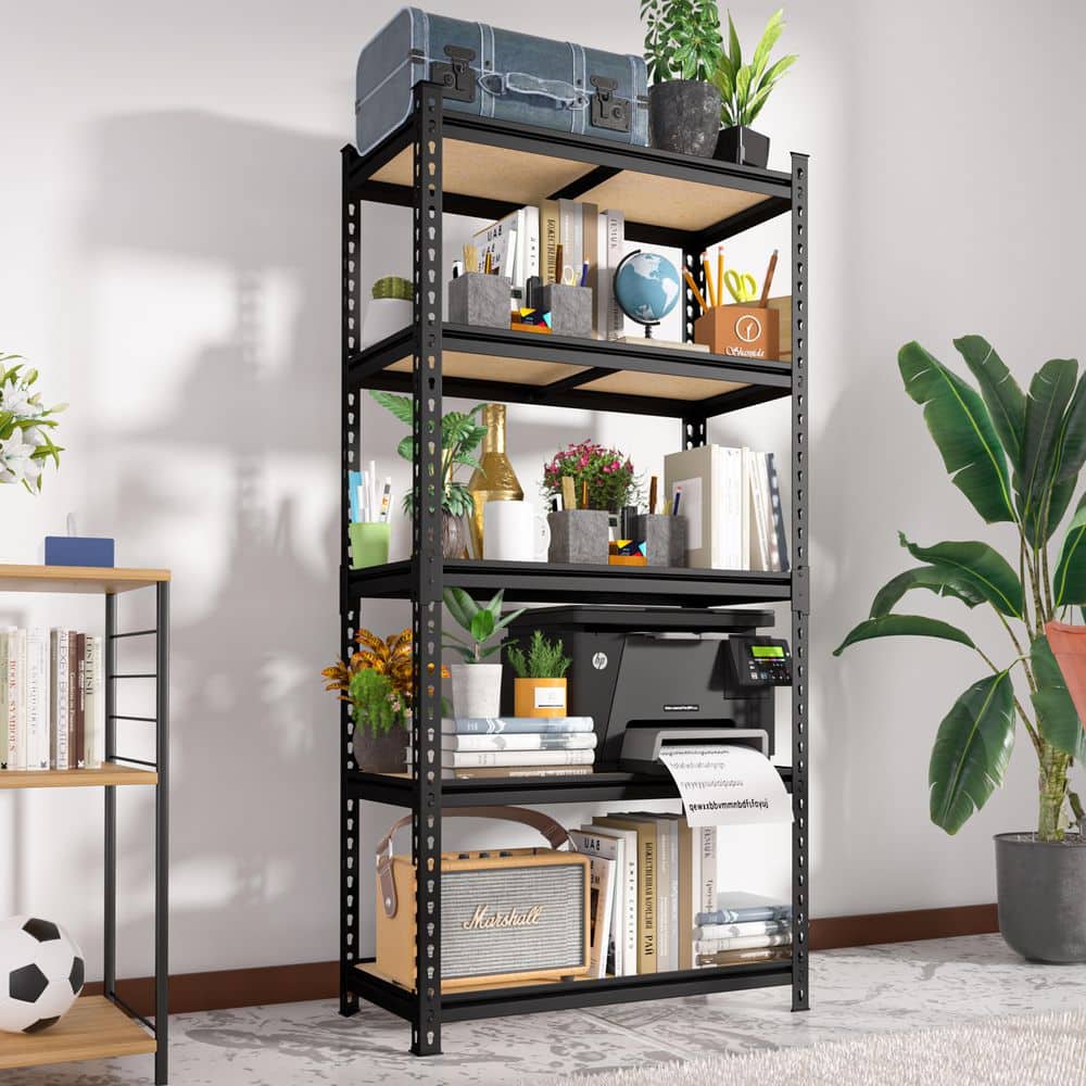 72 in. H x 36 in. W x 18 in. D Black MDF 5-Shelf Garage Storage Shelving Unit Standard Bookcase with Adjustable Shelves