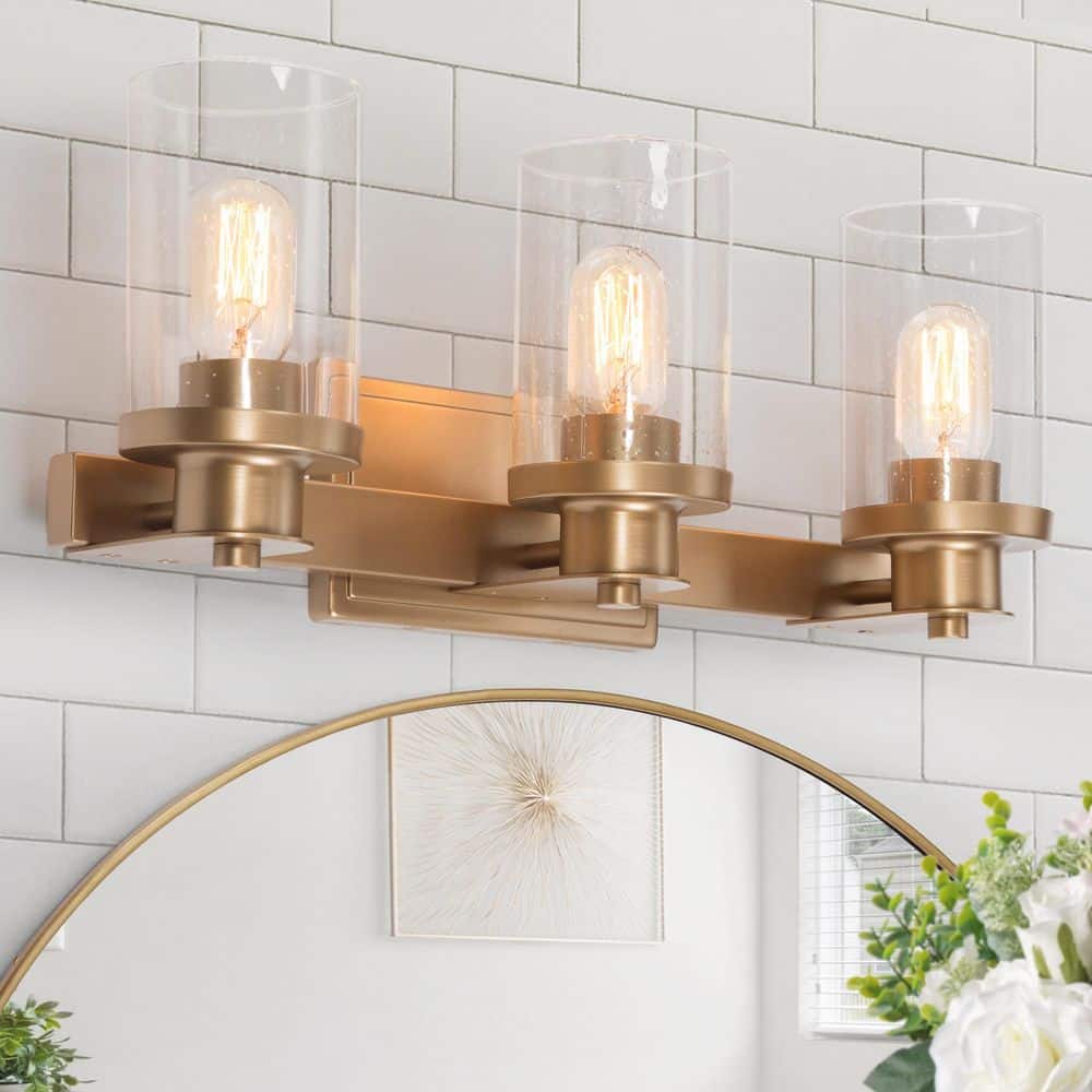 Modern Industrial 3-Light Dark Gold Bathroom Vanity Light Glam Powder Room Wall Light with Seeded Glass Shades