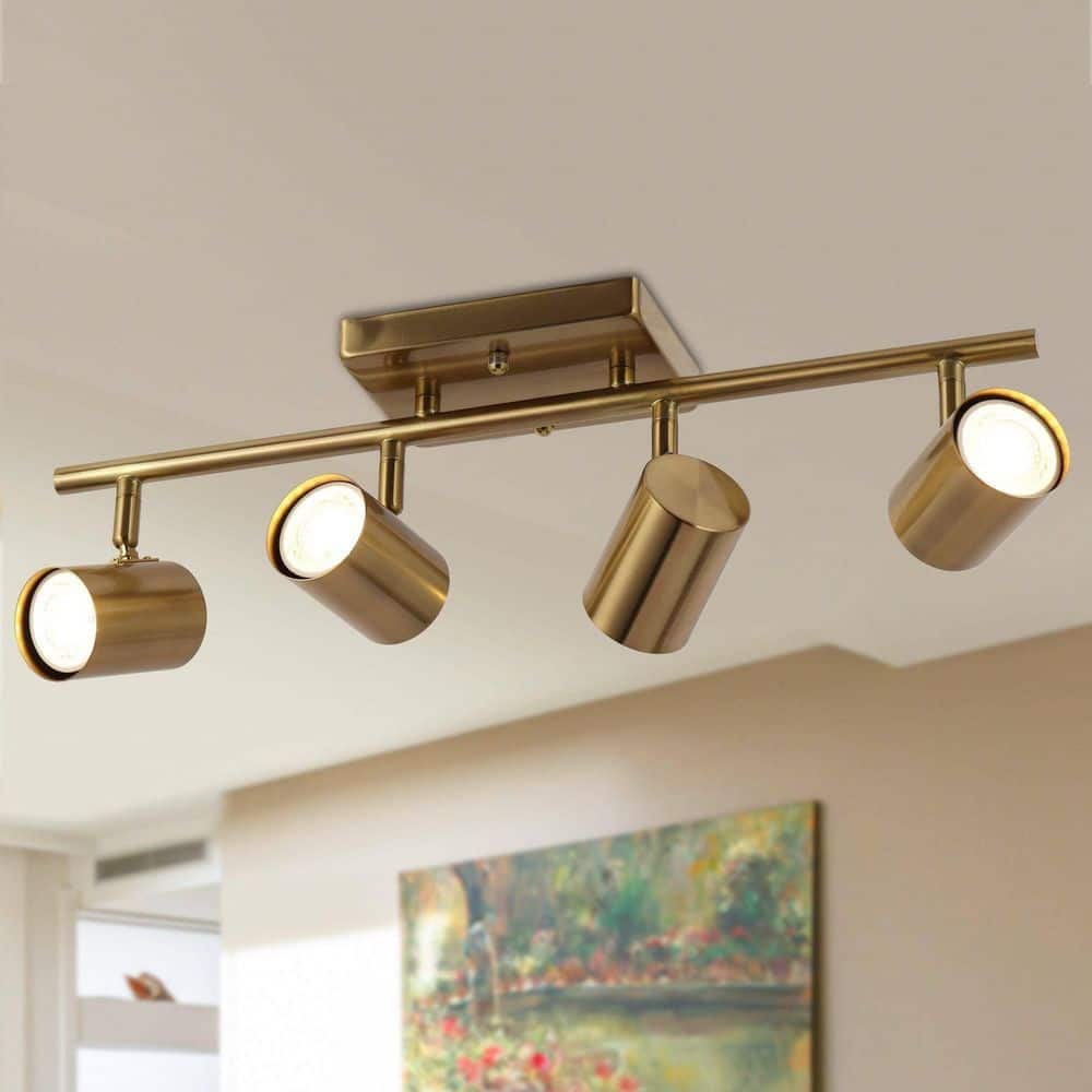 1.6 ft. 4-Light Brass Gold Modern Track Lighting Kits Linear Rotating Head Track Light with Metal Shade, Ceiling Light