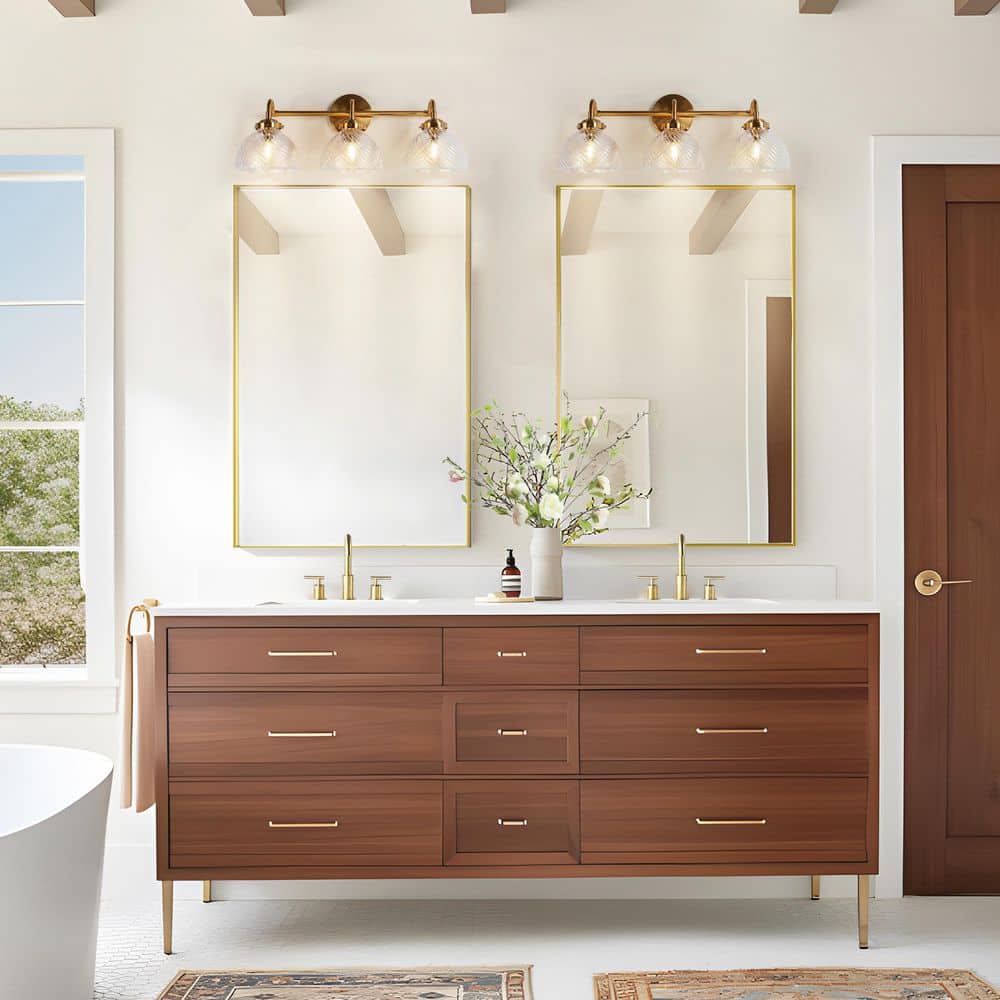 25.5 in. 3 - Light Brass Transitional Bathroom Vanity Light Wall Sconce with Ribbed Glass Shades - Stu's Home Improvement Outlet