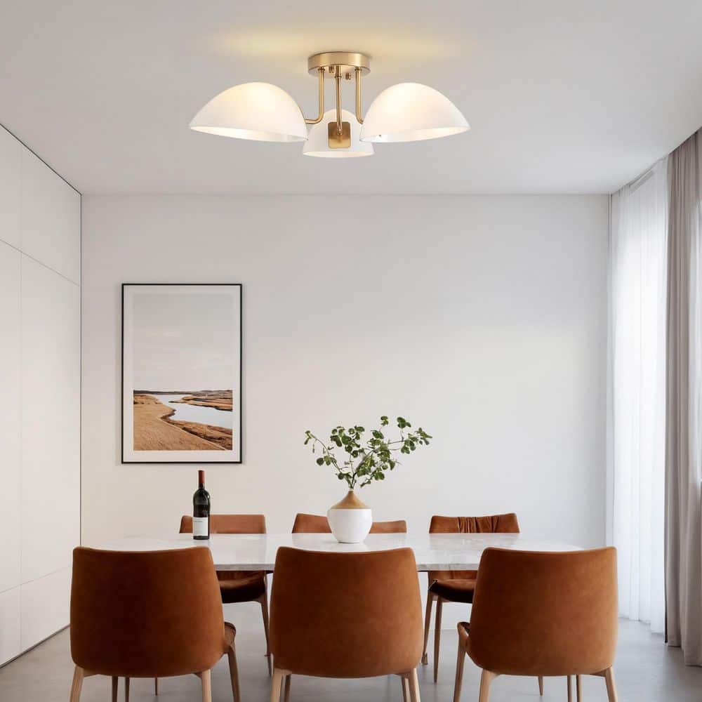 23.62 in. 3-Light Brass Modern Semi-Flush Mount Ceiling Light Fixture with Glass Shade for Kitchen Island