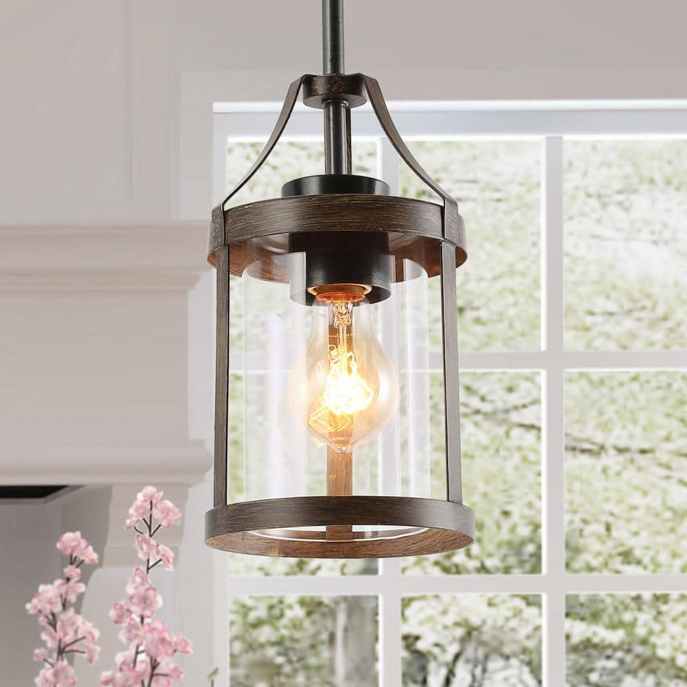 Modern Farmhouse Brown 6 in. W 1-Light Pendant Light Rustic Faux Wood Accent Pendant Chandelier with Clear Glass Shade