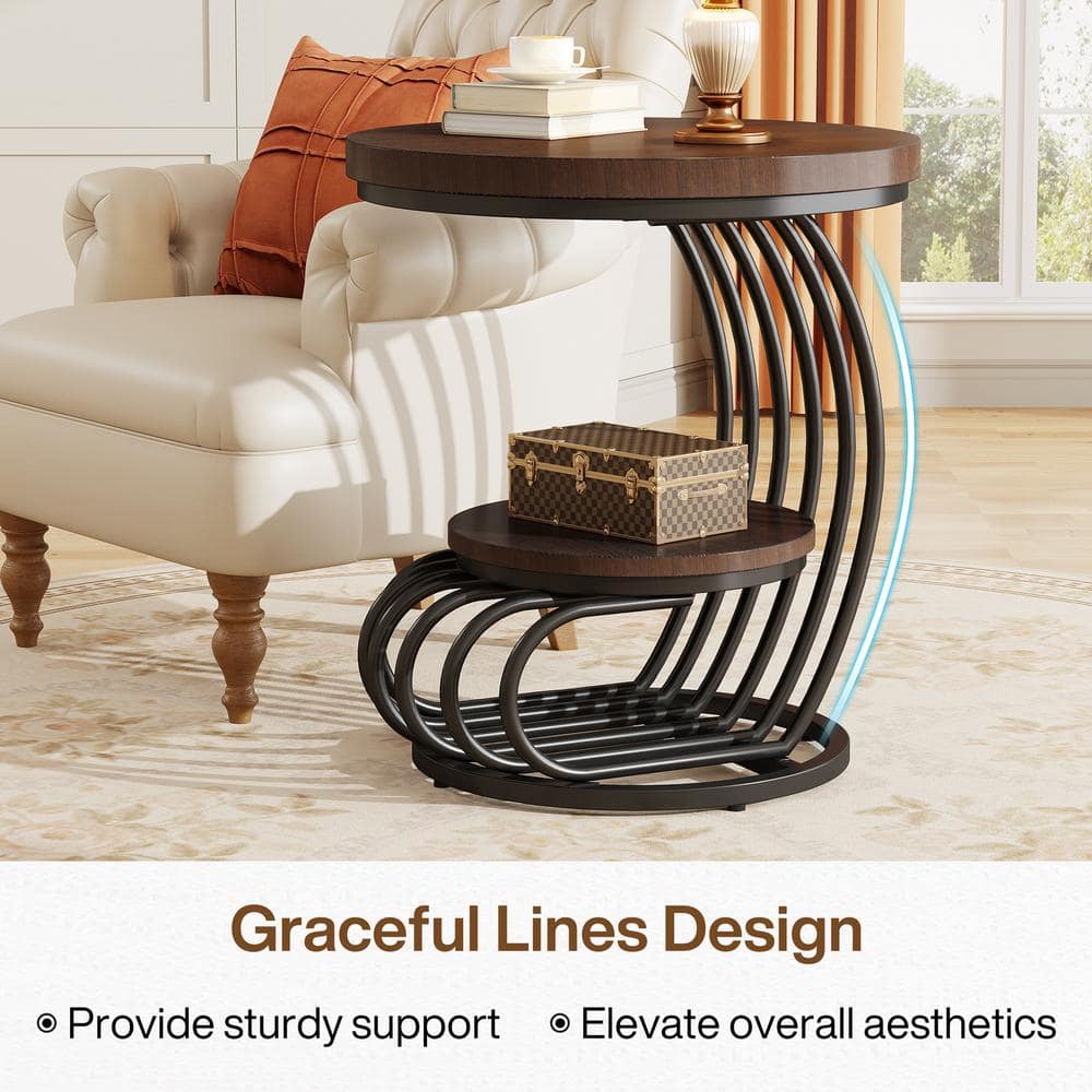 19.68 in. Width Brown Wood and Metal C - Shape End Table, 2 Tiers Round Side Table for Living Room Bedroom - Stu's Home Improvement Outlet