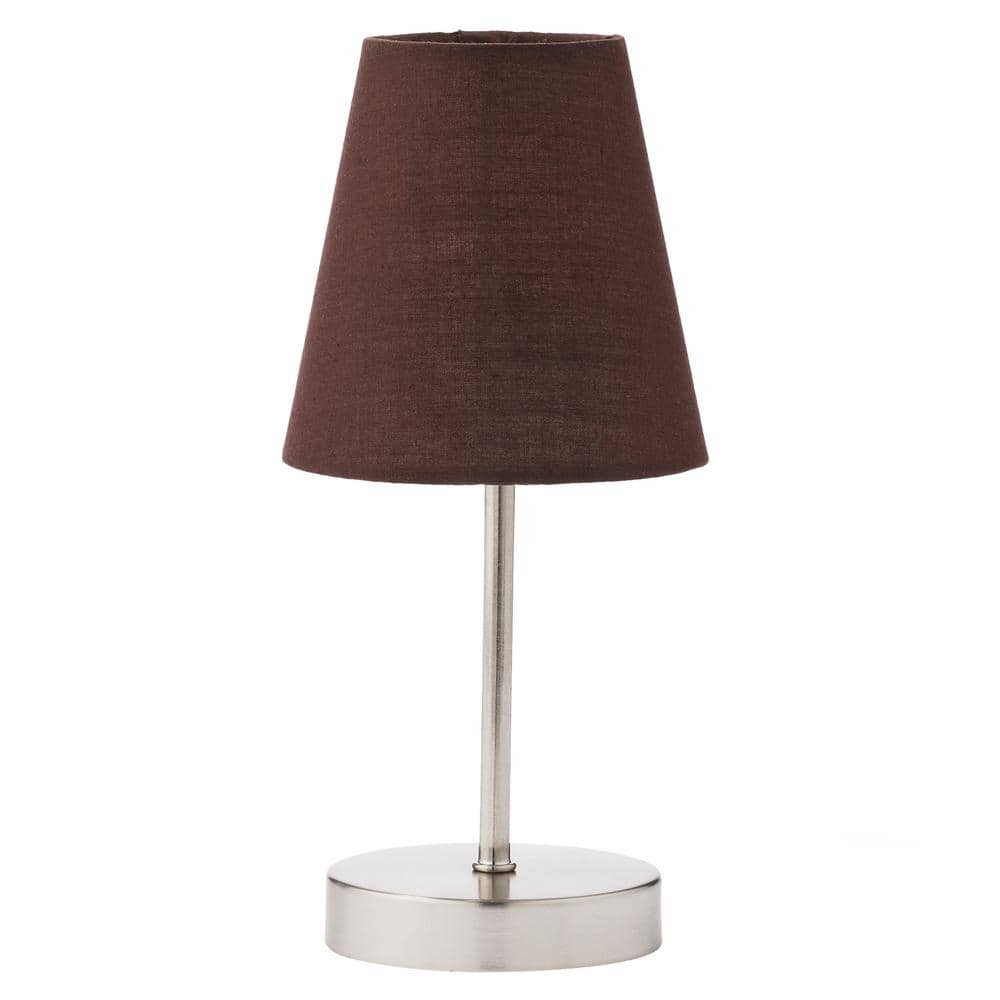 10 in. Sand Nickel Mini Basic Table Lamp with Brown Fabric Shade