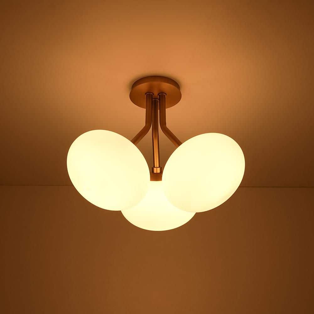 Kza 3-Light 16.9 in. W Brushed Gold Semi-Flush Mount Branch Sputnik Ceiling Light with Oval Opal Glass for Kitchen