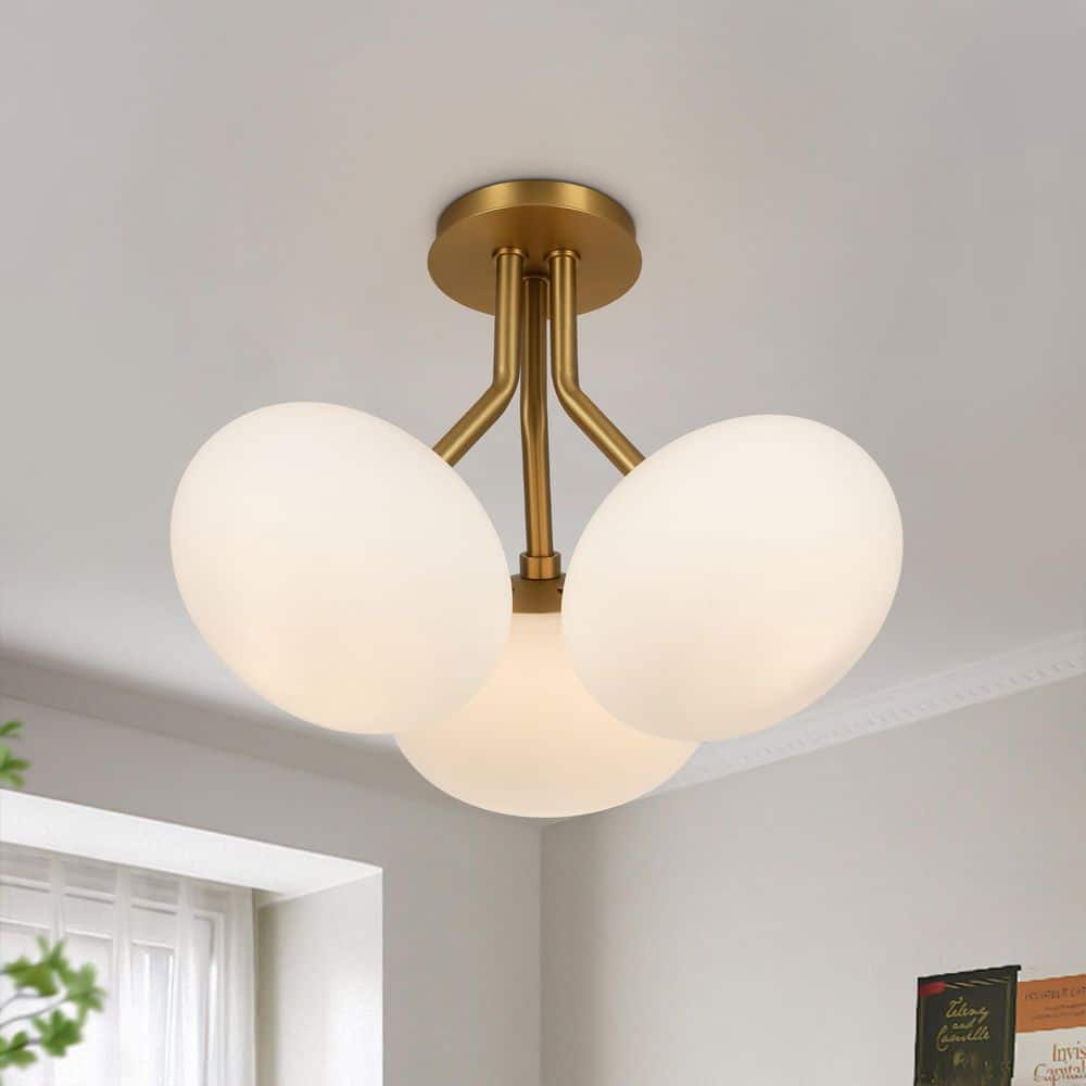Kza 3-Light 16.9 in. W Brushed Gold Semi-Flush Mount Branch Sputnik Ceiling Light with Oval Opal Glass for Kitchen