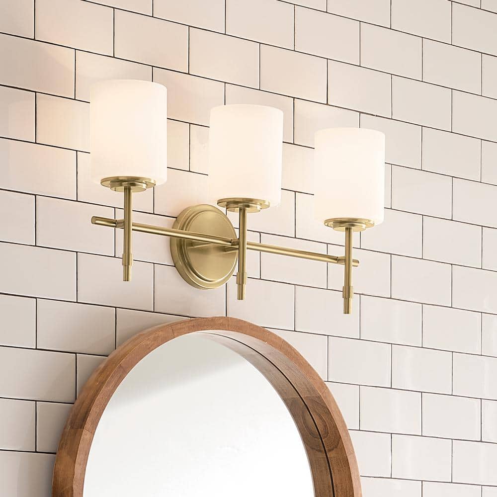 Ali 23.25 in. 3 - Light Brushed Natural Brass Traditional Bathroom Vanity Light with Satin Etched Case Opal Glass Shades - Stu's Home Improvement Outlet
