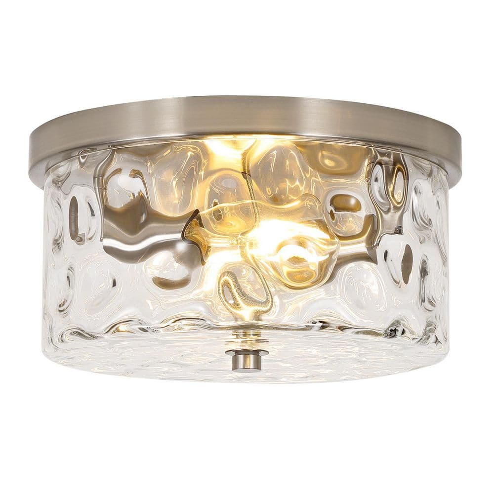 12 in. 2 - Light Brushed Nickel Flush Mount Ceiling Light with Water Rippled Glass Shade - Stu's Home Improvement Outlet