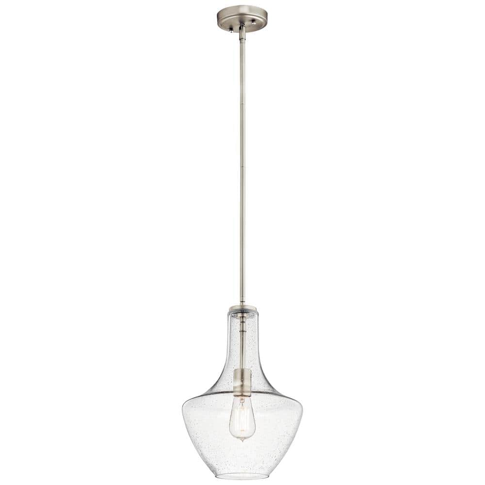 KICHLER Everly 15.25 in. 1 - Light Brushed Nickel Transitional Shaded Kitchen Bell Pendant Hanging Light with Clear Seeded Glass - Stu's Home Improvement Outlet