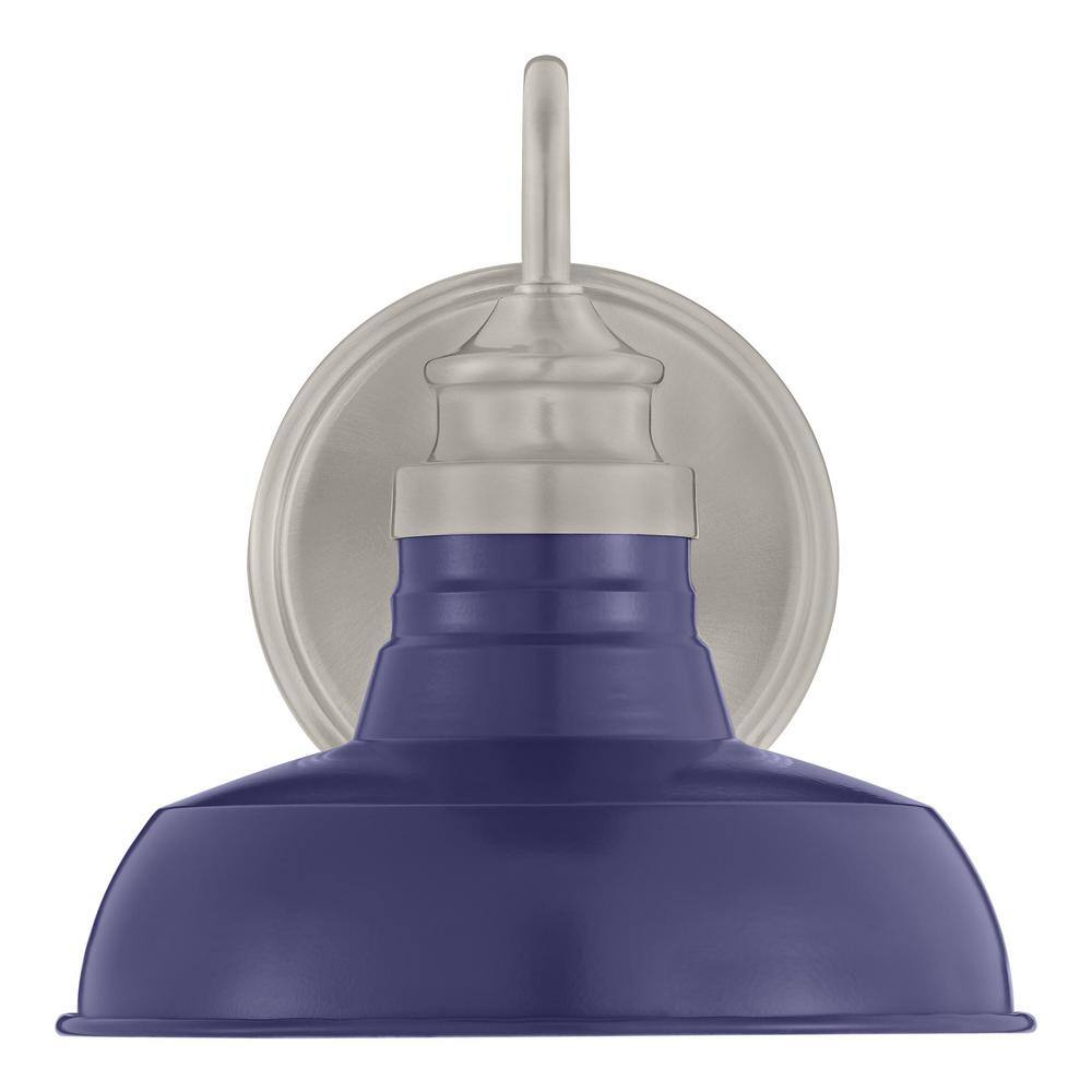 Elmcroft 7.63 in. 1-Light Brushed Nickel with Cobalt Blue Farmhouse Wall Sconce with Cobalt Blue Metal Shade