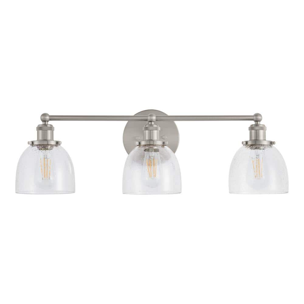 26.75 in. Evelyn 3-Light Brushed Nickel Industrial Bathroom Vanity Light with Clear Glass Shades