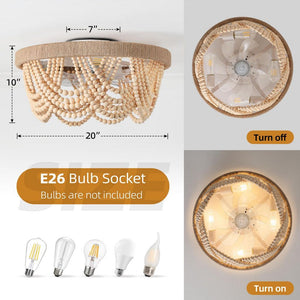 11.5 in. 4 - Light Indoor Wood Boho Ceiling Fan with Light Kit and Remote Control Wood Beaded Flush Mount Ceiling Fan - Stu's Home Improvement Outlet