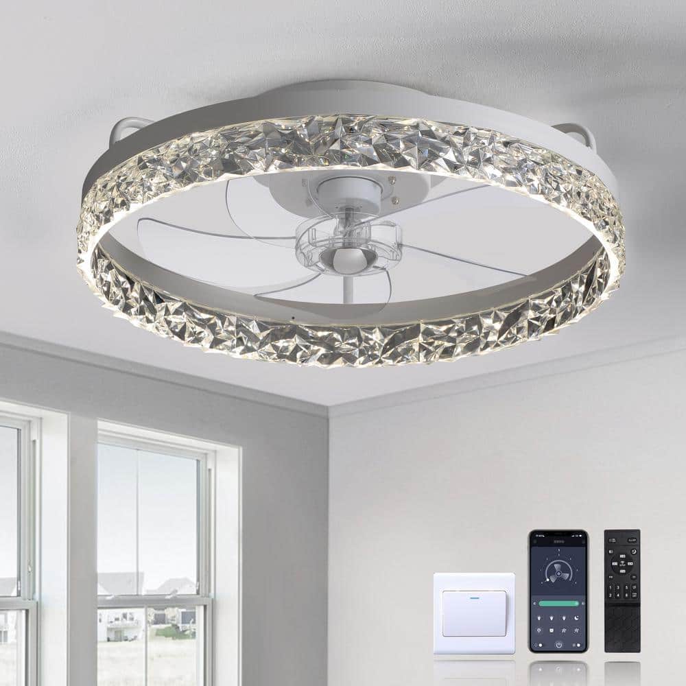 FANNEHONNE Lidia 19.68 in Indoor Modern White Crystal Flush Mount Ceiling Fan with Light, White LED Ceiling Fan for Bedroom