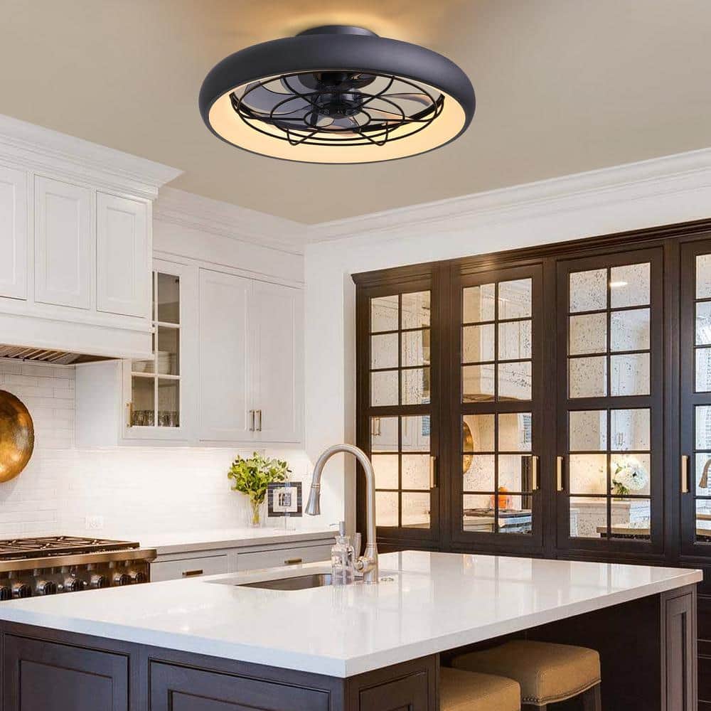 20 in. LED Indoor Black Low Profile Reversible Flush Mount Caged Ceiling Fan with Dimmable Light and Smart App Remote - Stu's Home Improvement Outlet