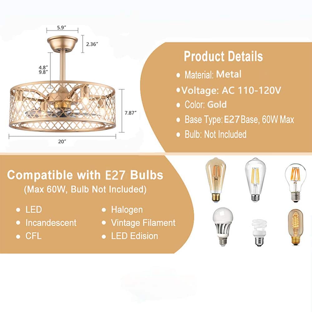 20 in. Gold Indoor Metal Caged Semi Flush Mount Ceiling Fan with Light Kit and Remote Control - Stu's Home Improvement Outlet