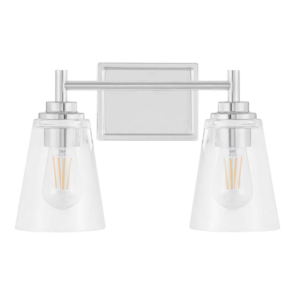 Wakefield 15 in. 2-Light Chrome Modern Wall Mount Sconce Light with Clear Glass Shades