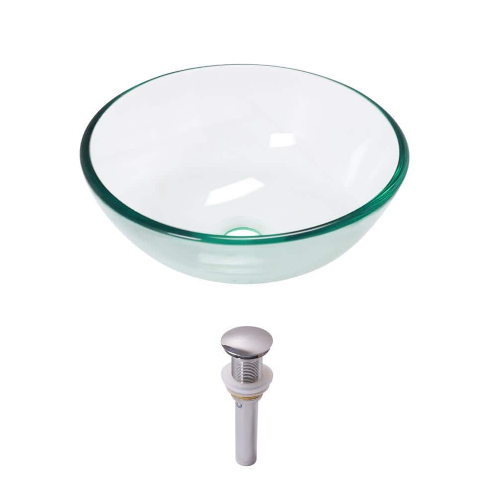 14 in. Above Counter Round Bathroom Vessel Sink Bowl in Clear Glass with Faucet Drain
