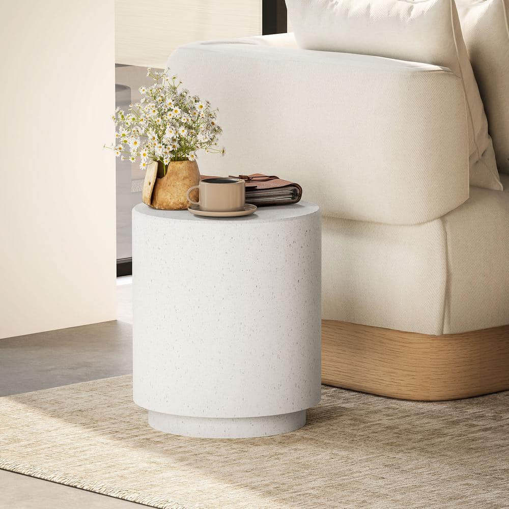 14.5 in. Concrete Round Side Table, Lightweight Accent Table with Terrazzo Finish, Cream White - Stu's Home Improvement Outlet