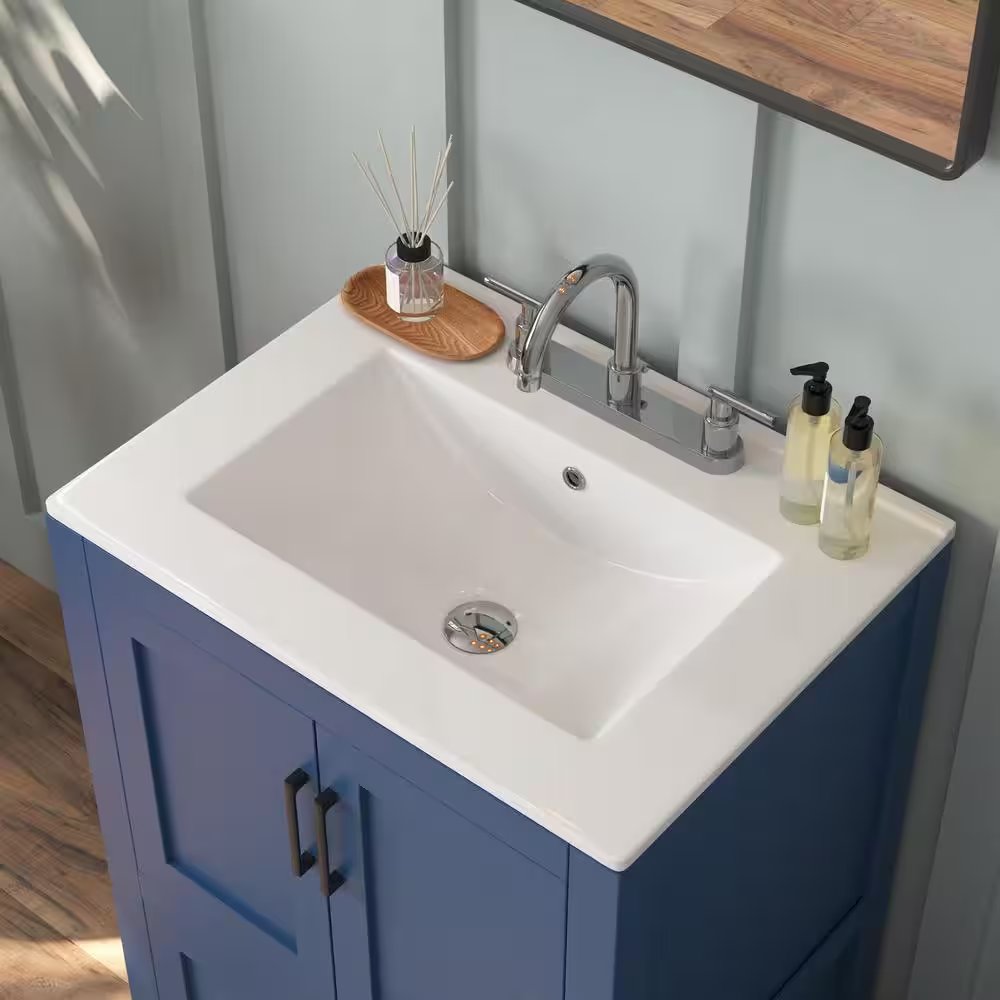 24 in. W x 18 in. D Ceramic White Rectangular Bathroom Vanity Top Sink with 3-Faucet Holes, Cabinet Not Included