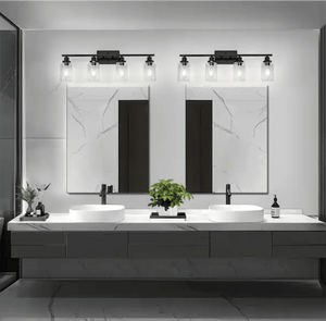 32” Industrial Matte Black 4 - Light Bathroom Vanity Fixture with Clear Glass Shades - Stu's Home Improvement Outlet