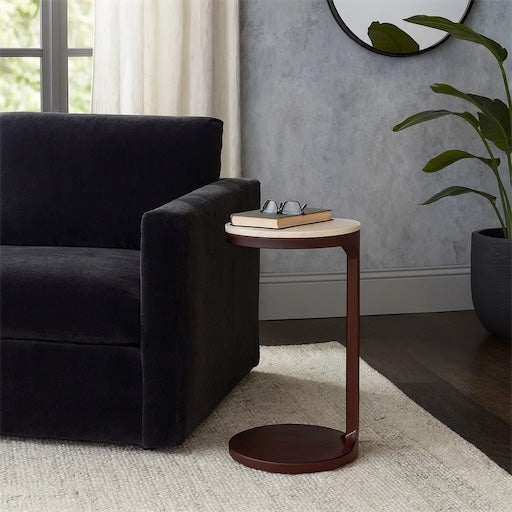 Accent Table Stone Marble Modern Design Top Walnut Brown Base Home Office Bedroom Living Room - 26 Ivory & Brown