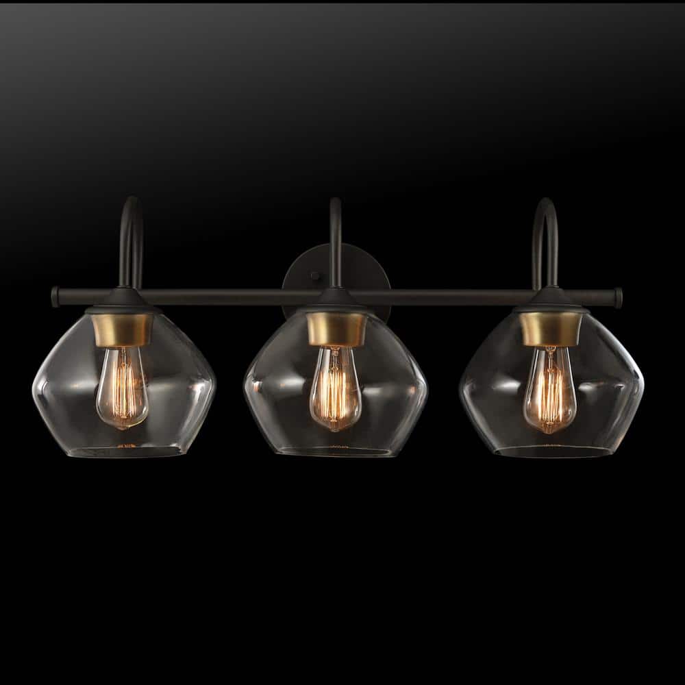 Harrow 26.3 in. 3-Light Dark Bronze Vanity Light with Antique Brass Accents and Clear Glass Shades